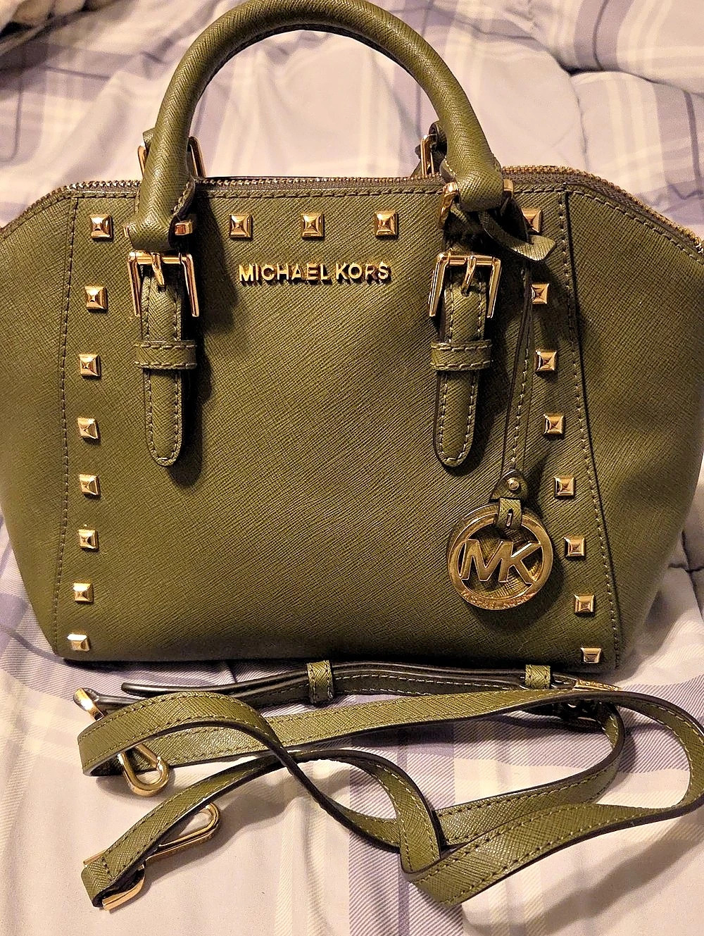 Michael Kors Selma Medium Studded Saffiano Leather Satchel Green Satchel